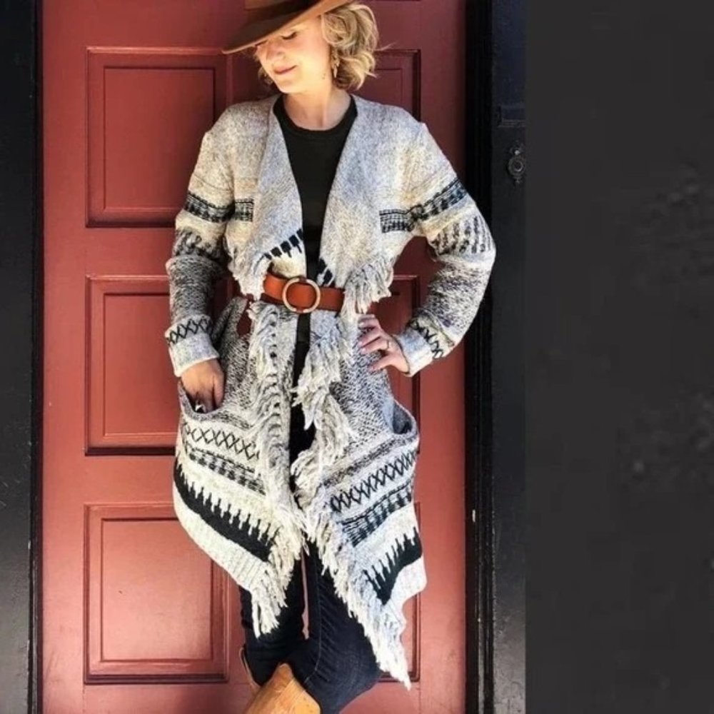 Cabi S Shetland‎ Sweater 3701 Southwest Aztec Fringed Pockets